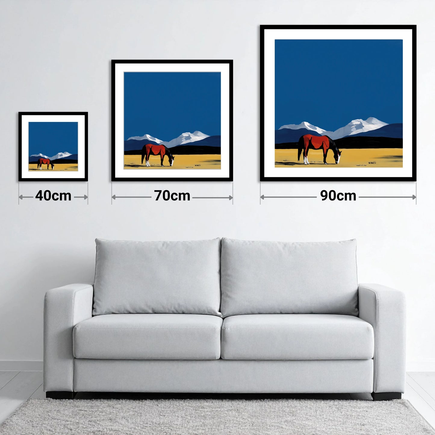High Country Solitude - size guide showing 40cm, 70cm and 90cm art prints