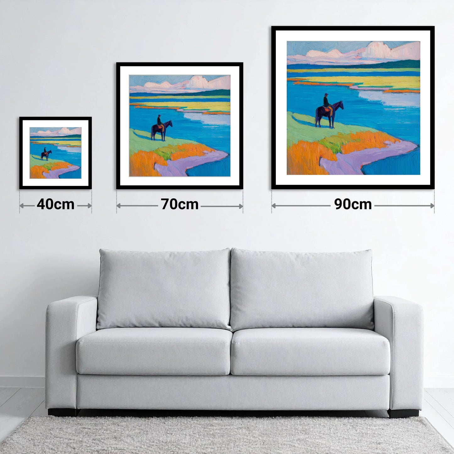 Vivid Coastal Solitude - size guide showing 40cm, 70cm and 90cm art prints
