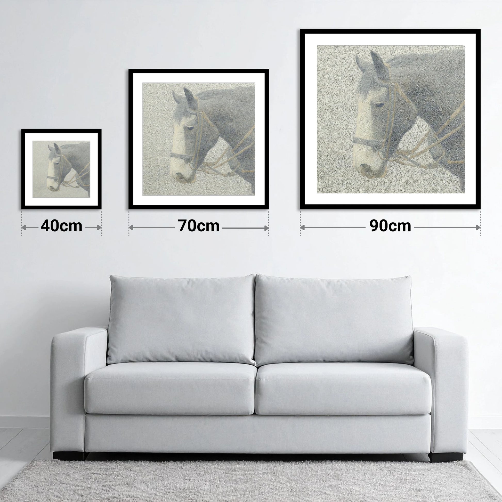 Steadfast Working Profile - size guide showing 40cm, 70cm and 90cm art prints