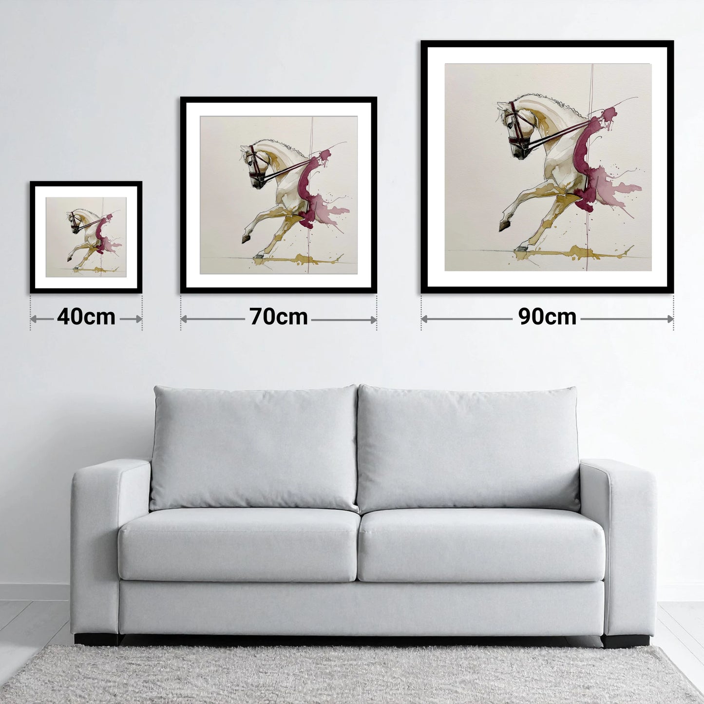 Moment of Collection - size guide showing 40cm, 70cm and 90cm art prints