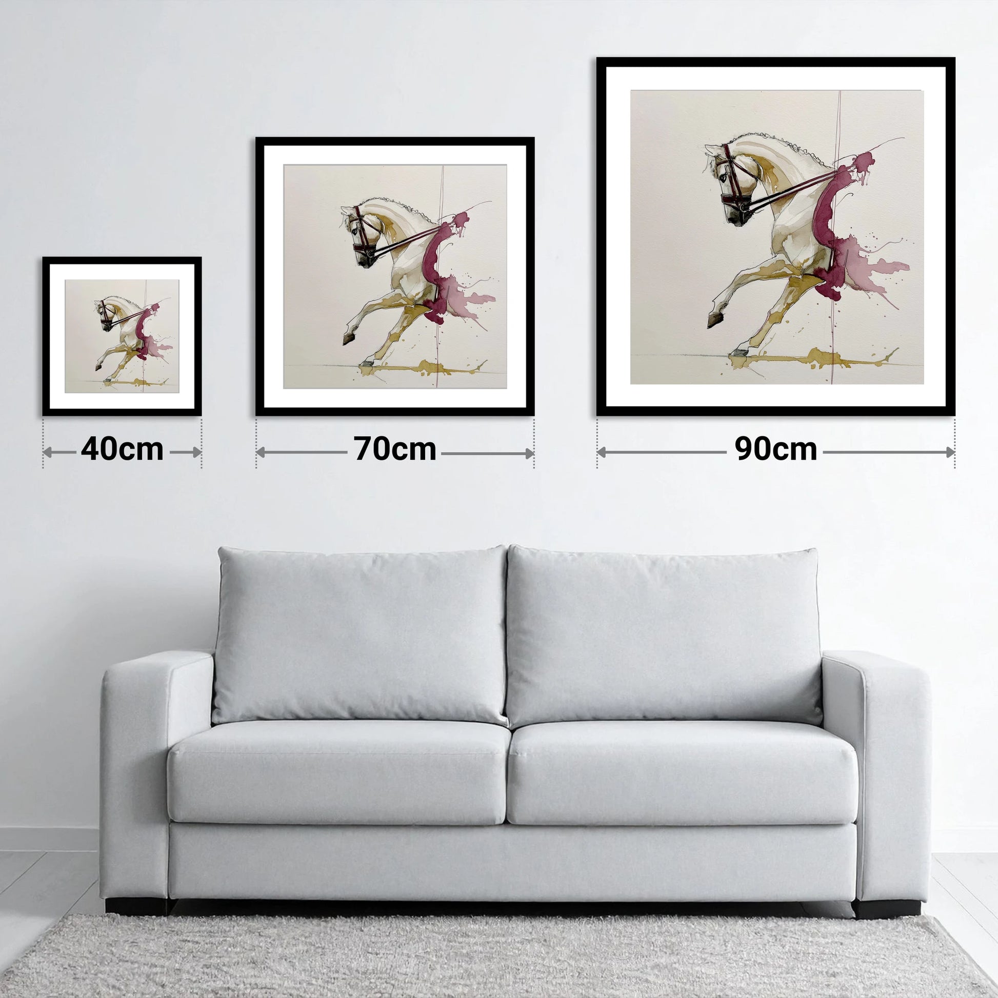 Moment of Collection - size guide showing 40cm, 70cm and 90cm art prints