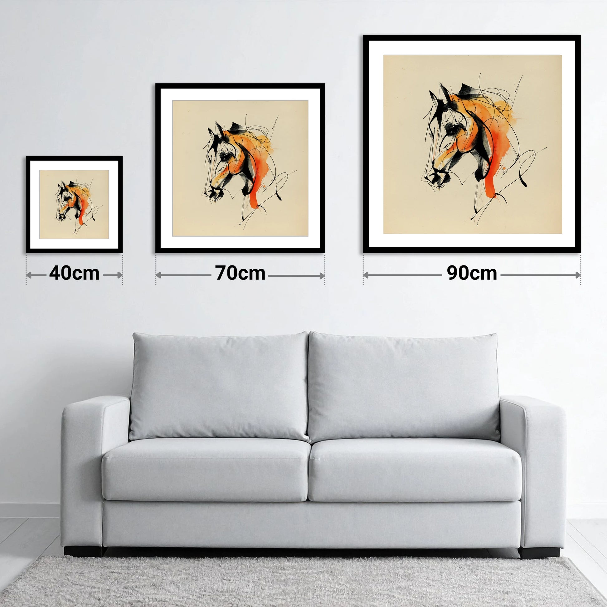 Amber Vitality - size guide showing 40cm, 70cm and 90cm art prints