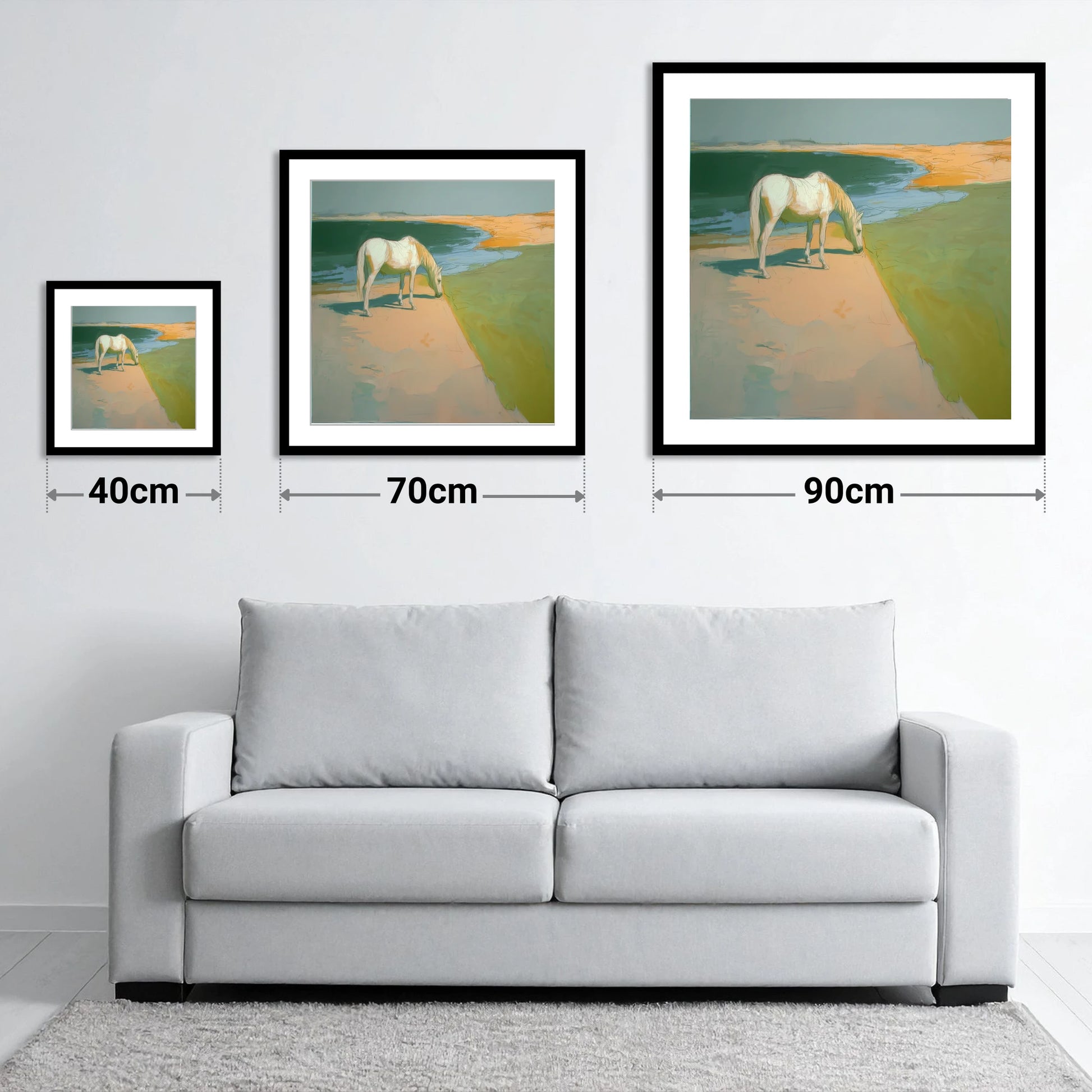 Quiet Pastures - size guide showing 40cm, 70cm and 90cm art prints