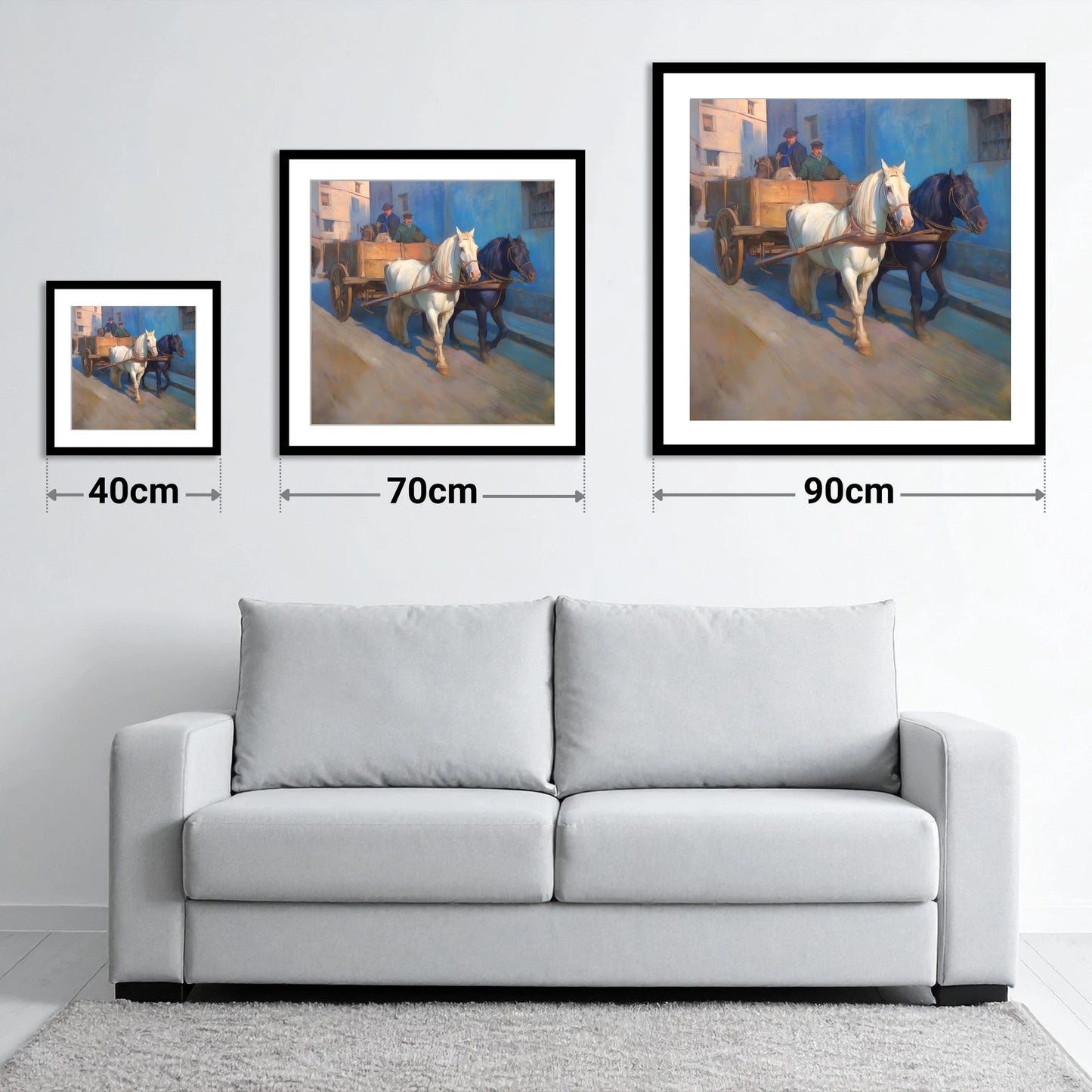 Sunlit Draught Pair - size guide showing 40cm, 70cm and 90cm art prints