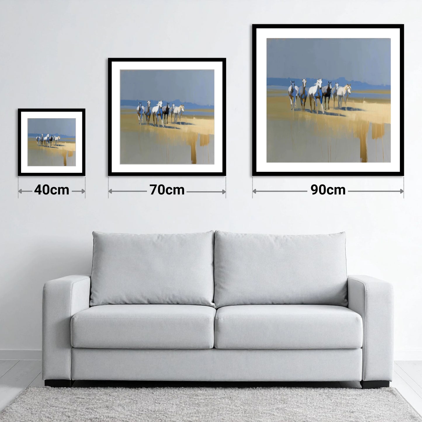Blue Horizon Herd - size guide showing 40cm, 70cm and 90cm art prints