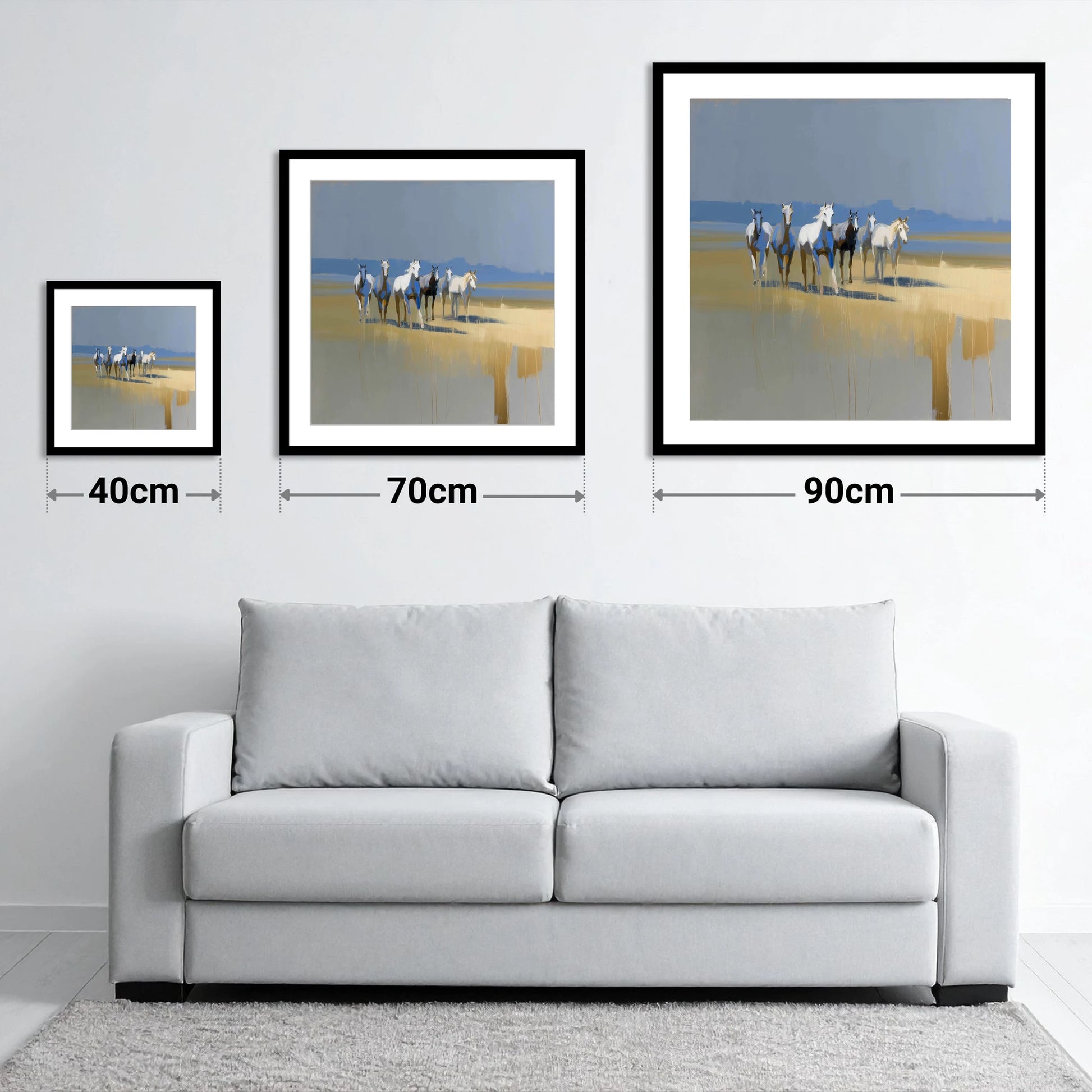 Blue Horizon Herd - size guide showing 40cm, 70cm and 90cm art prints