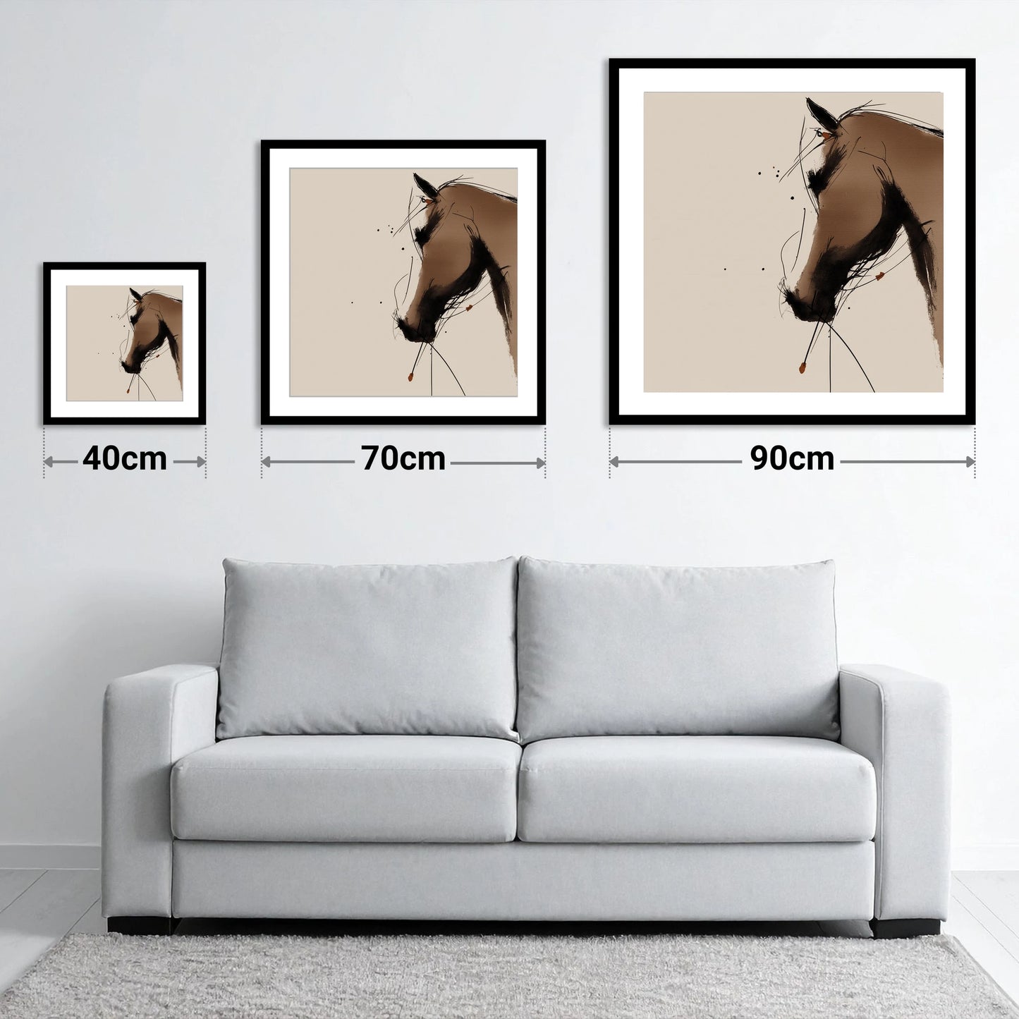 Sepia Ink Profile - size guide showing 40cm, 70cm and 90cm art prints