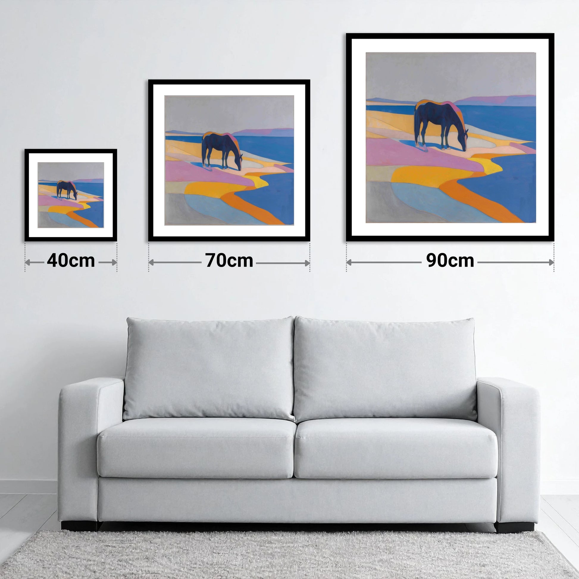 Vivid Equine Horizon - size guide showing 40cm, 70cm and 90cm art prints