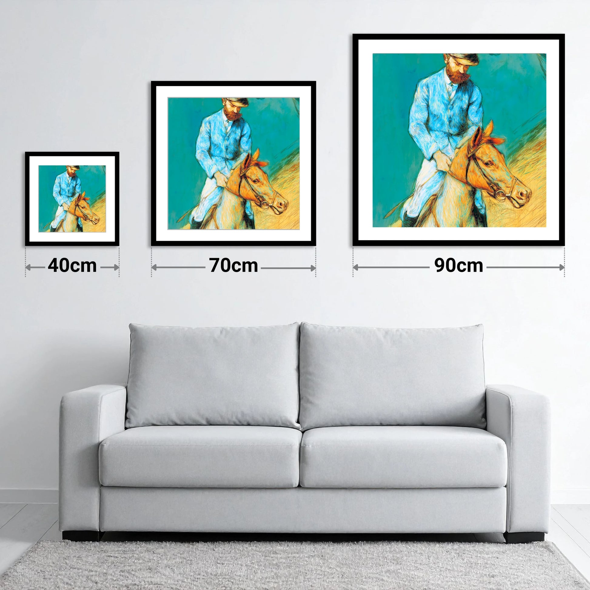 The Cerulean Rider - size guide showing 40cm, 70cm and 90cm art prints