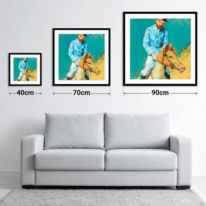 The Cerulean Rider - size guide showing 40cm, 70cm and 90cm art prints