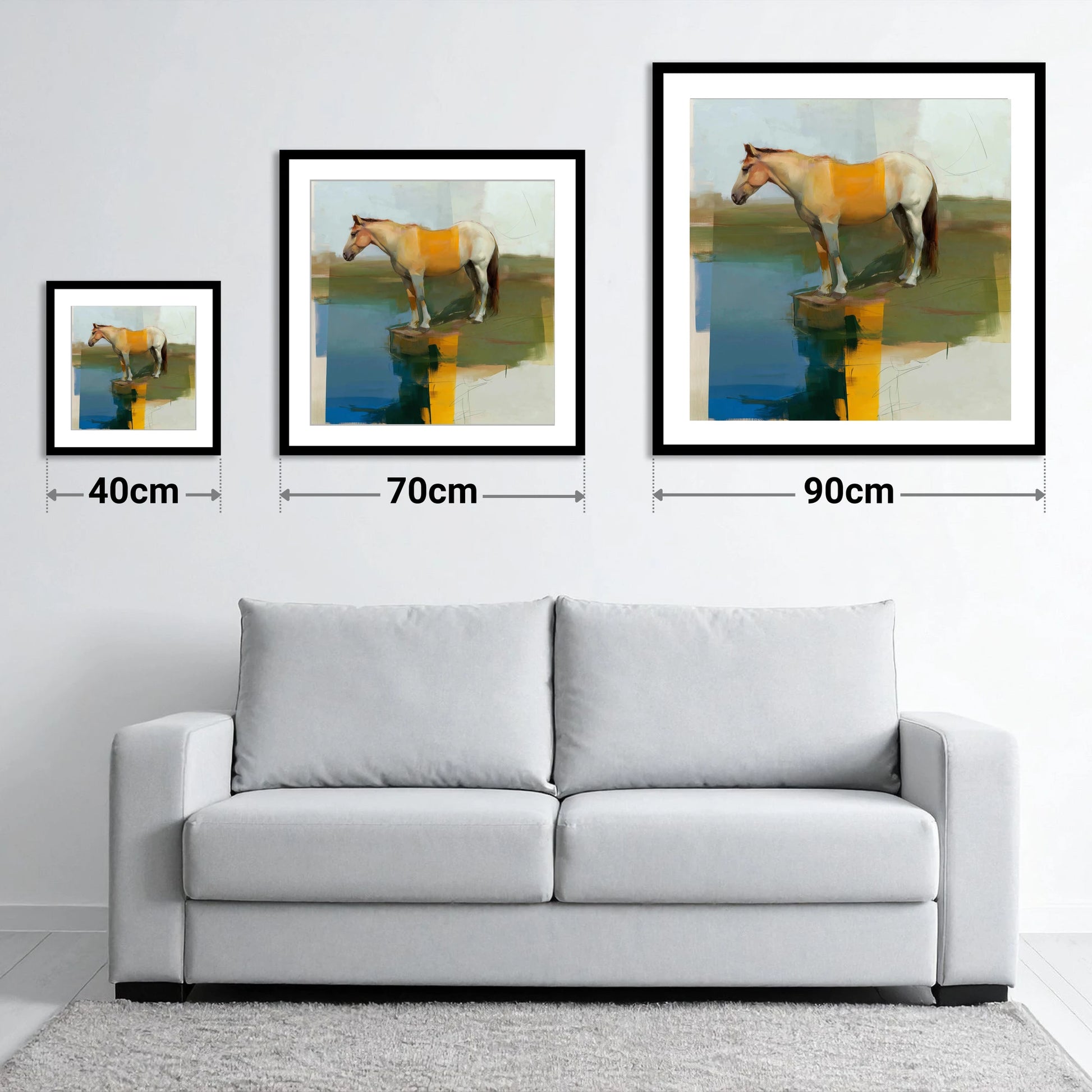 Geometric Waterside Reflection - size guide showing 40cm, 70cm and 90cm art prints