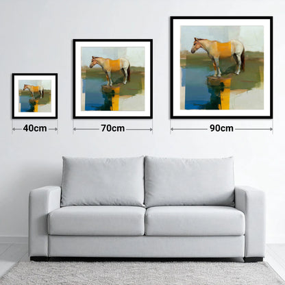 Geometric Waterside Reflection - size guide showing 40cm, 70cm and 90cm art prints
