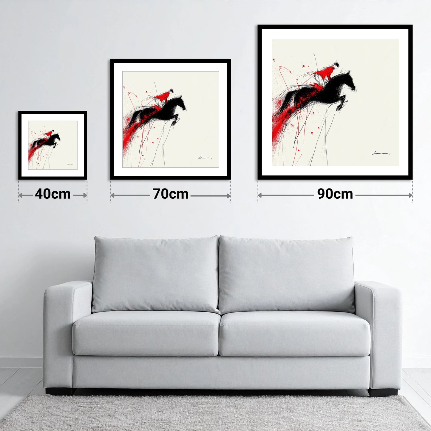 Crimson Flight - size guide showing 40cm, 70cm and 90cm art prints