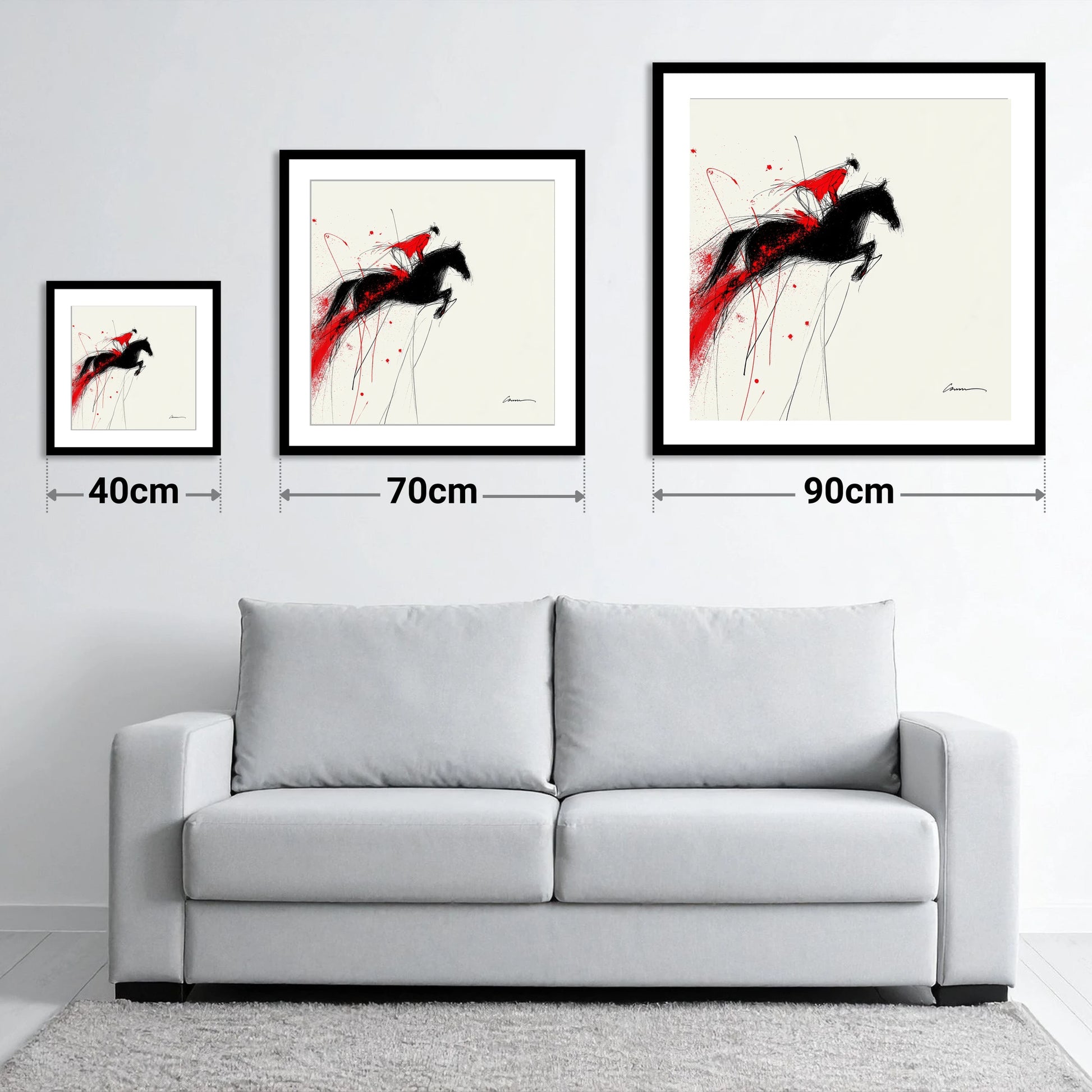 Crimson Flight - size guide showing 40cm, 70cm and 90cm art prints