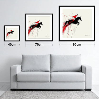 Crimson Flight - size guide showing 40cm, 70cm and 90cm art prints