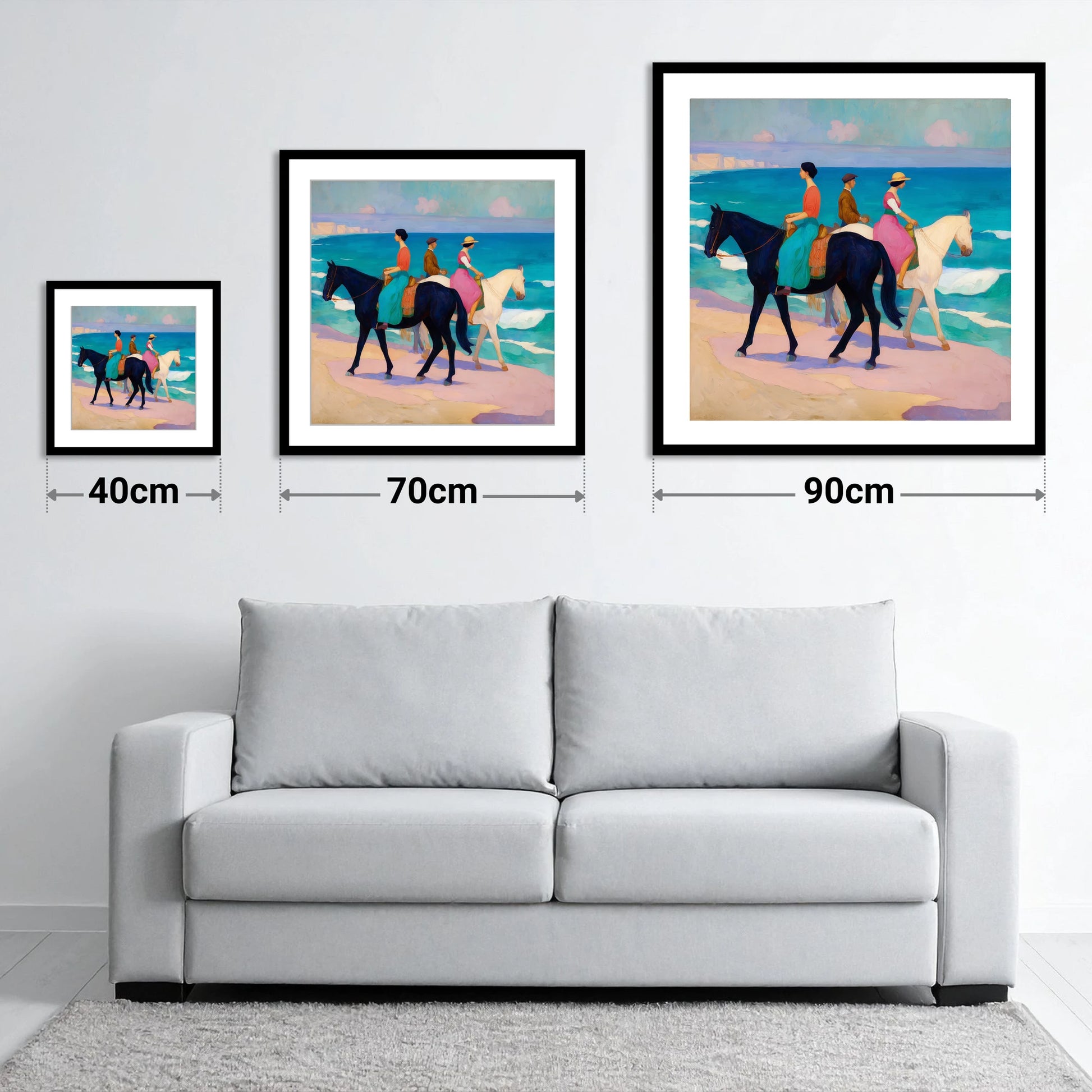Azure Coastal Hack - size guide showing 40cm, 70cm and 90cm art prints