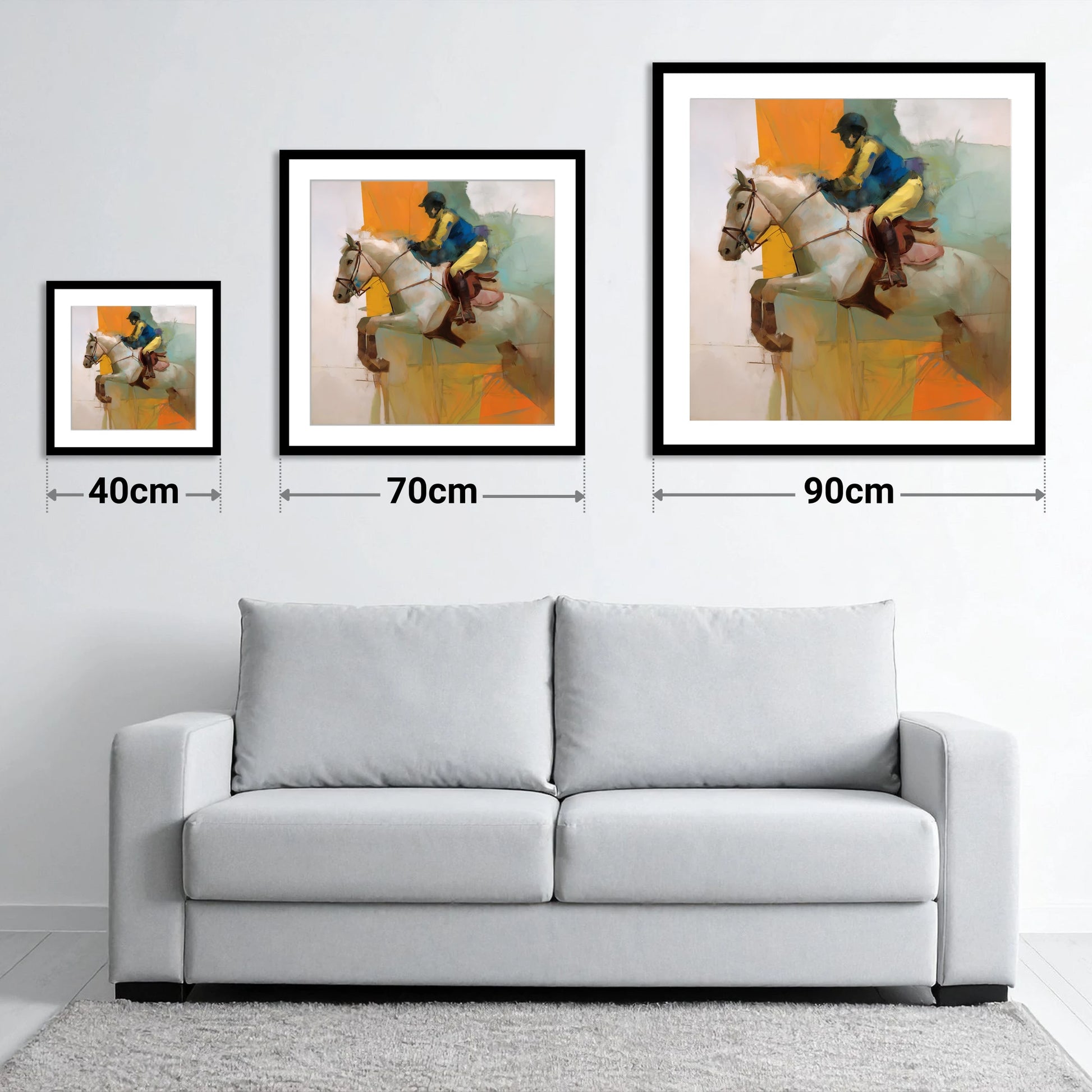 Flight in Vibrant Colour - size guide showing 40cm, 70cm and 90cm art prints