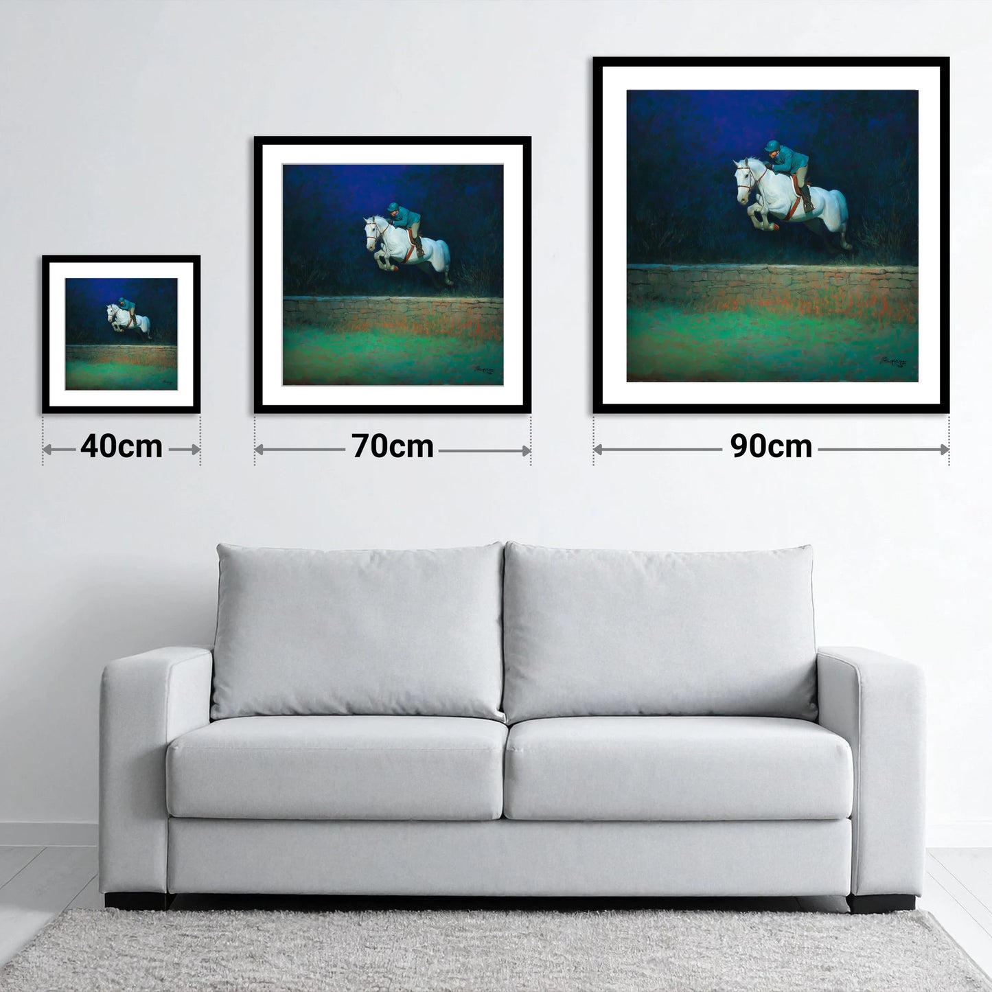 Moonlit Flight - size guide showing 40cm, 70cm and 90cm art prints