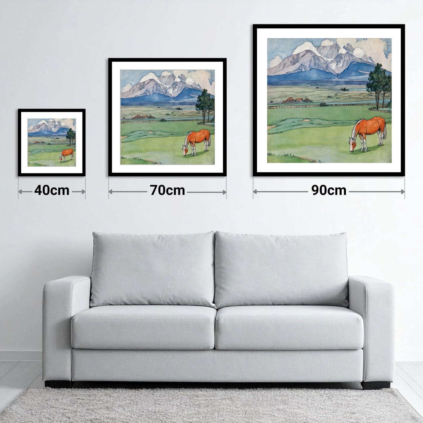 Alpine Pastures - size guide showing 40cm, 70cm and 90cm art prints