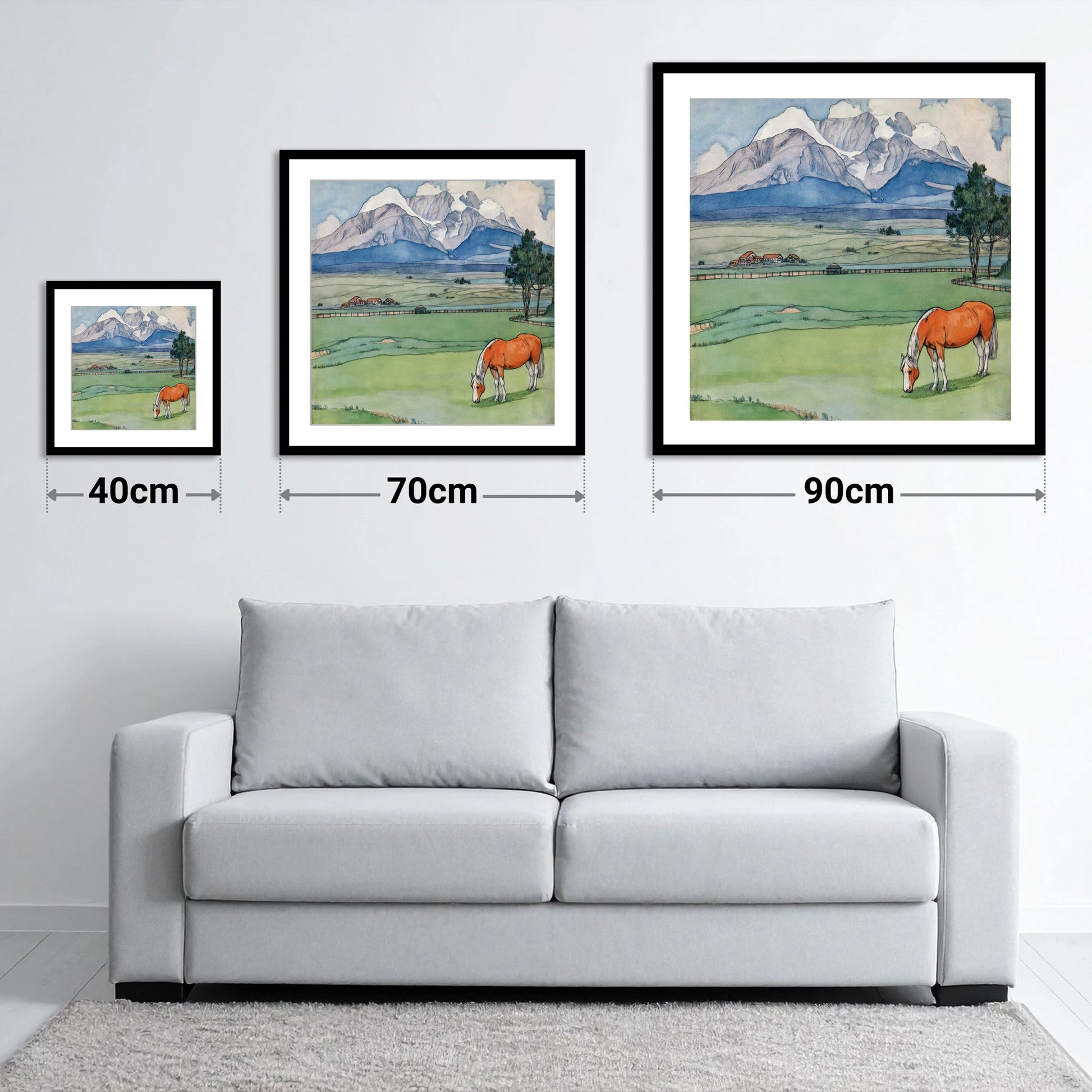 Alpine Pastures - size guide showing 40cm, 70cm and 90cm art prints