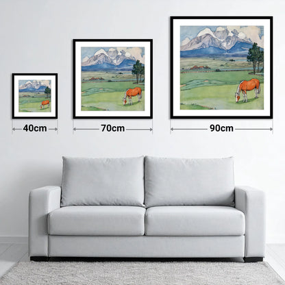Alpine Pastures - size guide showing 40cm, 70cm and 90cm art prints
