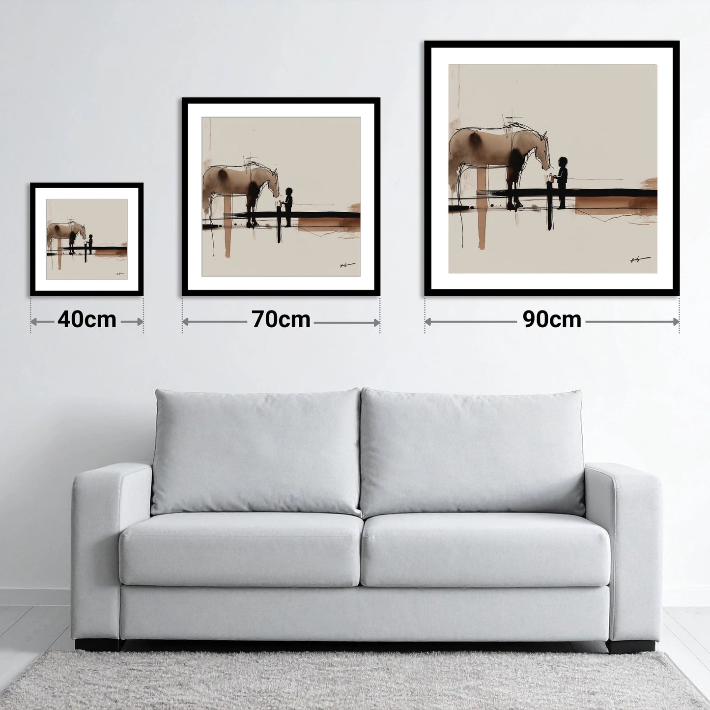 A Gentle Encounter - size guide showing 40cm, 70cm and 90cm art prints