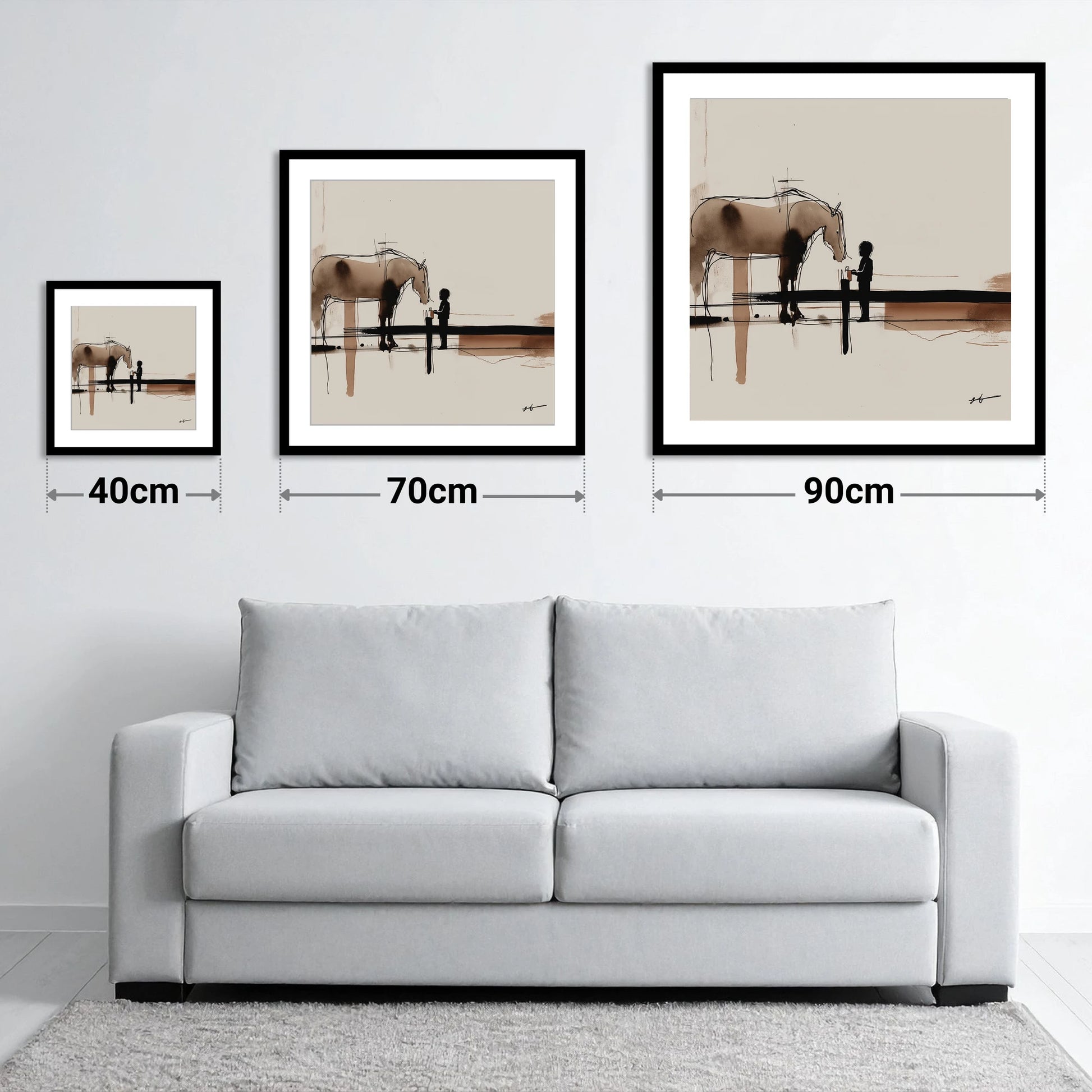 A Gentle Encounter - size guide showing 40cm, 70cm and 90cm art prints