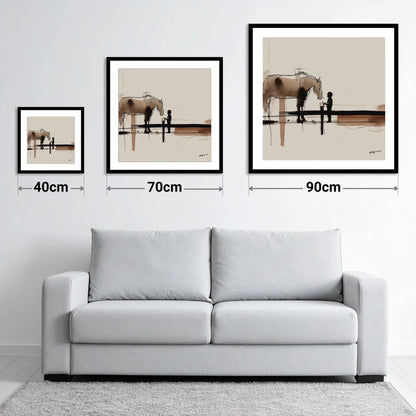 A Gentle Encounter - size guide showing 40cm, 70cm and 90cm art prints