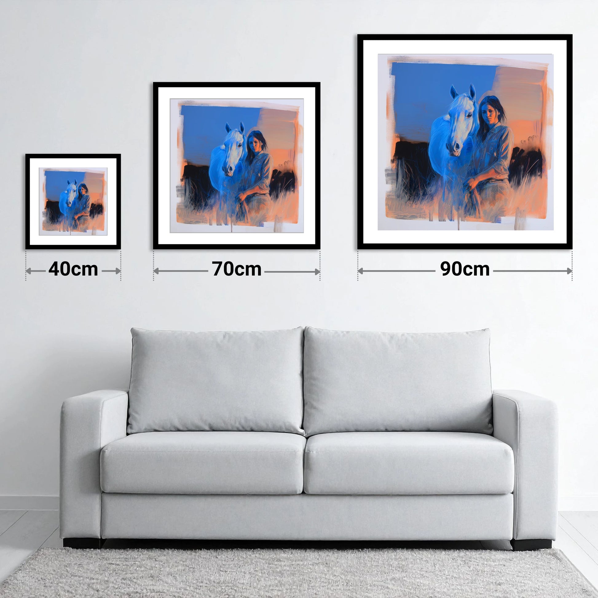 The Silent Connection - size guide showing 40cm, 70cm and 90cm art prints