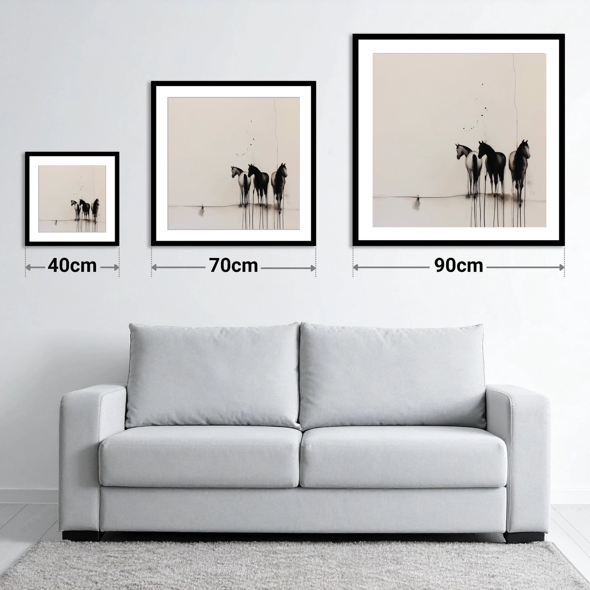 Three Silent Silhouettes - size guide showing 40cm, 70cm and 90cm art prints