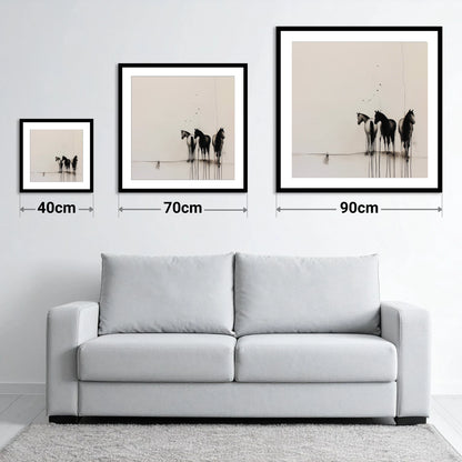 Three Silent Silhouettes - size guide showing 40cm, 70cm and 90cm art prints