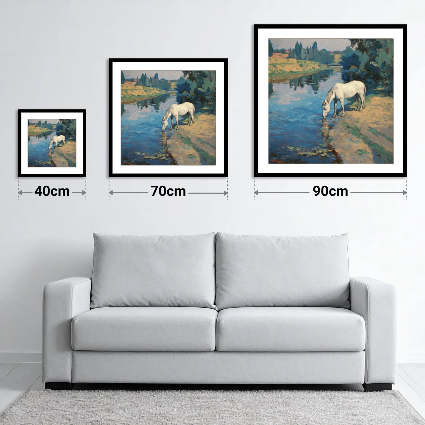 Solace at the River - size guide showing 40cm, 70cm and 90cm art prints