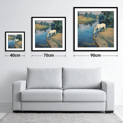 Solace at the River - size guide showing 40cm, 70cm and 90cm art prints