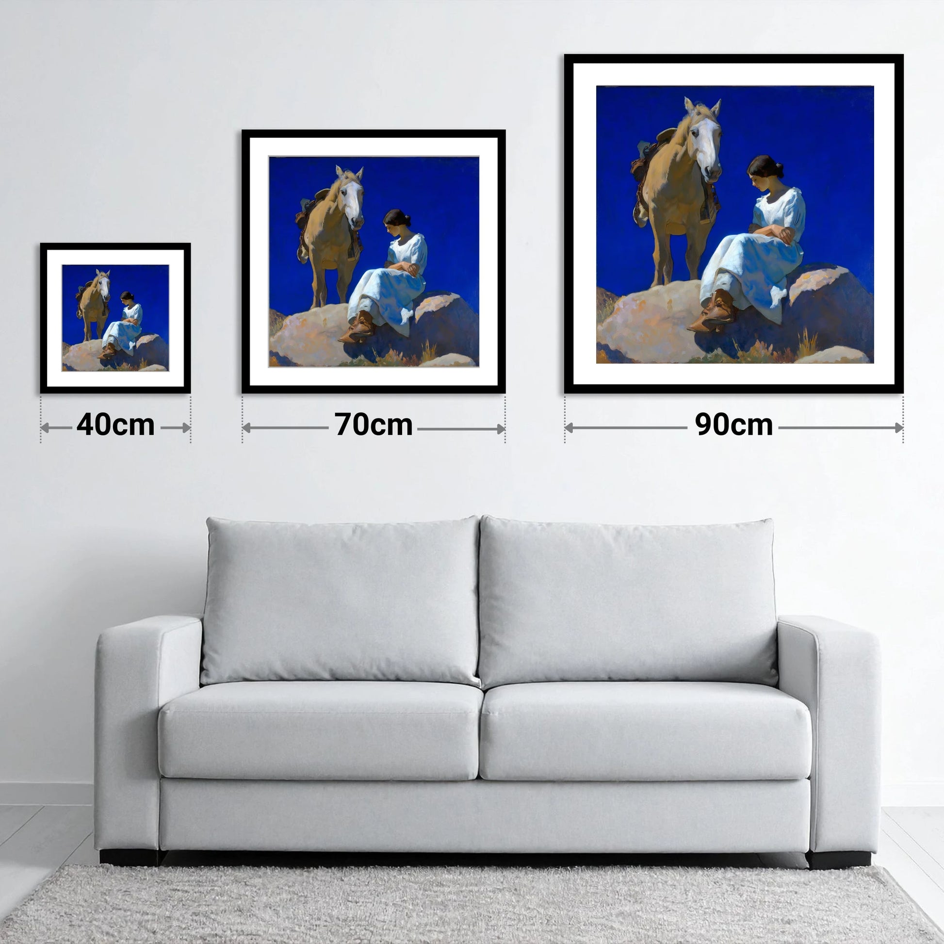 Beneath Azure Skies - size guide showing 40cm, 70cm and 90cm art prints