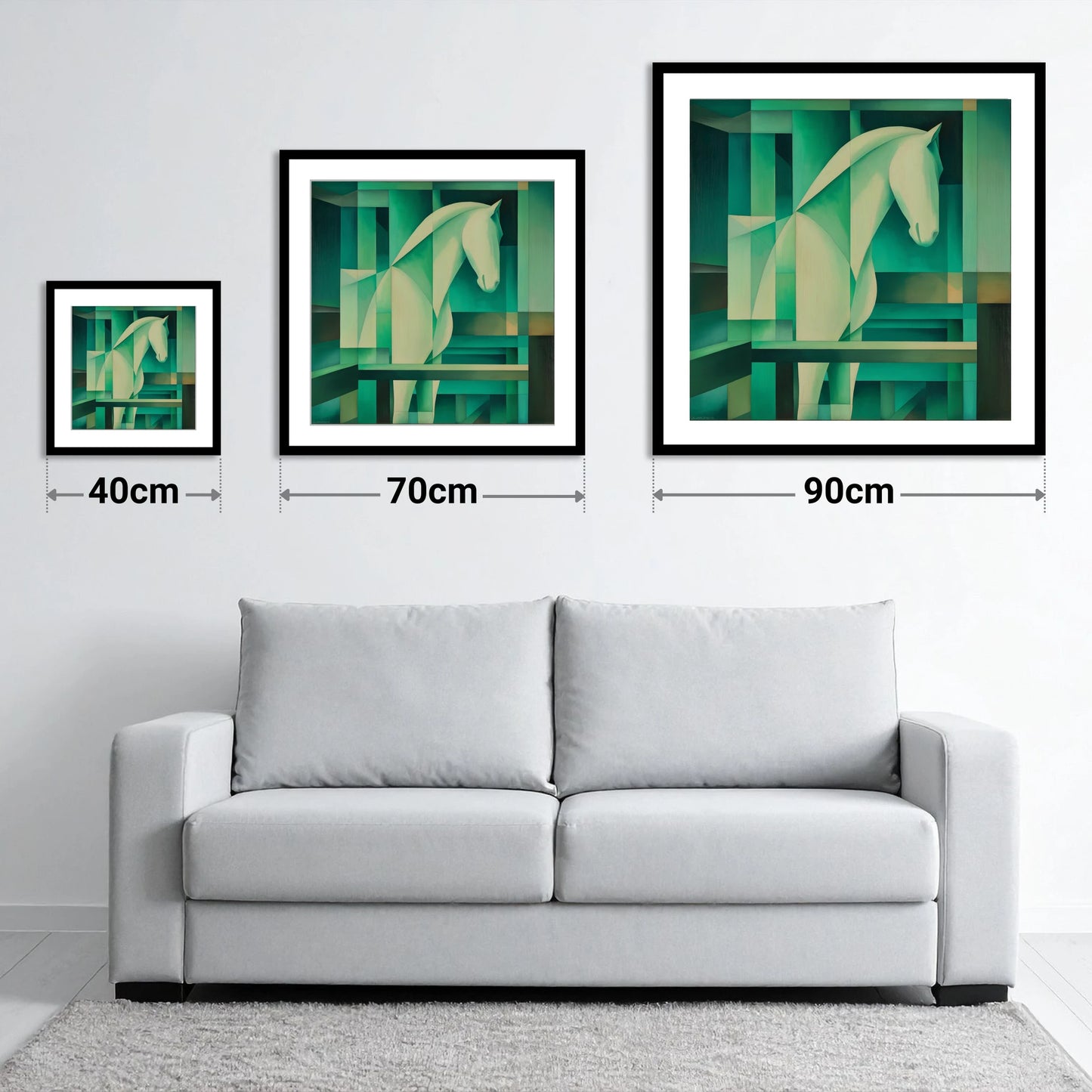 Verdant Rhythm - size guide showing 40cm, 70cm and 90cm art prints