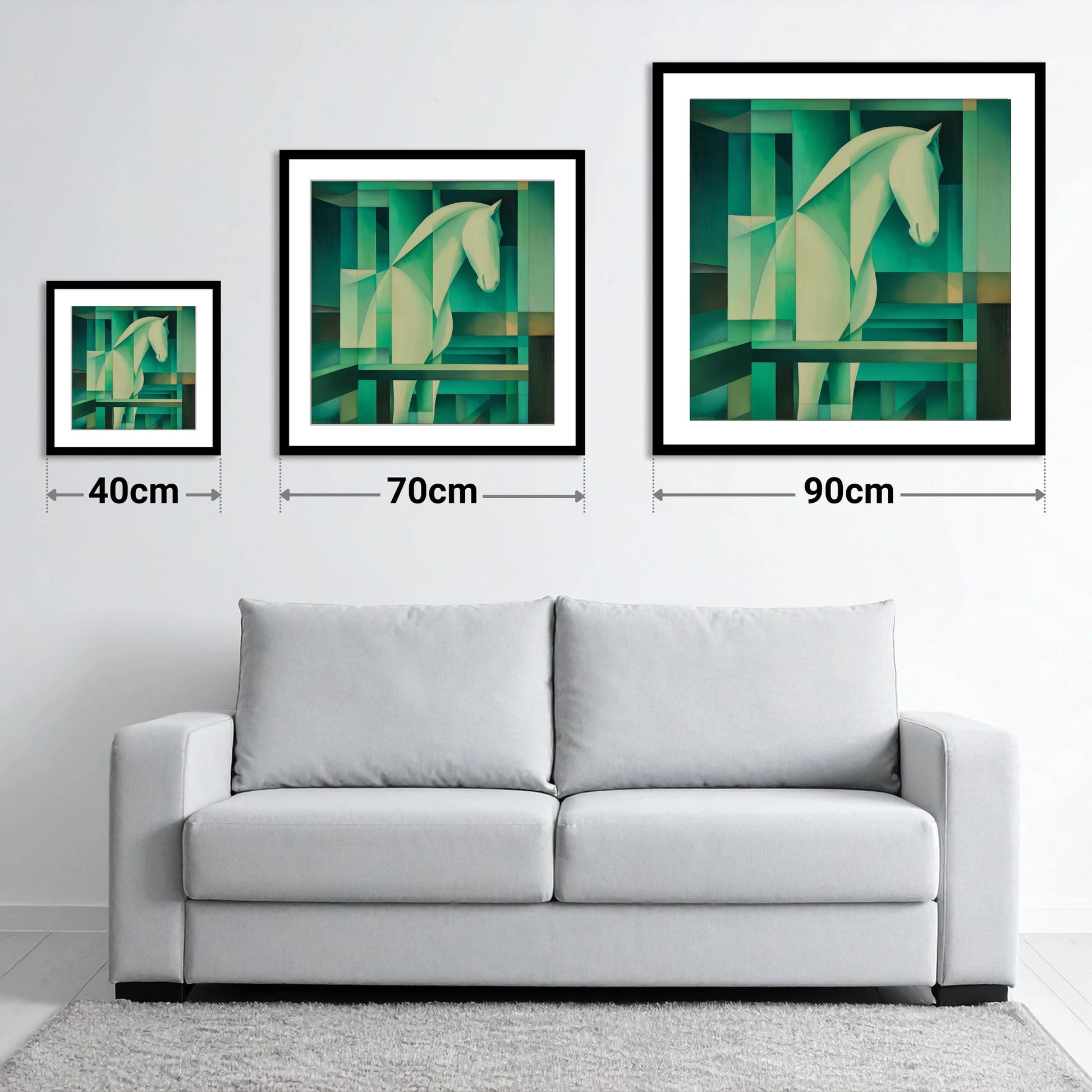 Verdant Rhythm - size guide showing 40cm, 70cm and 90cm art prints