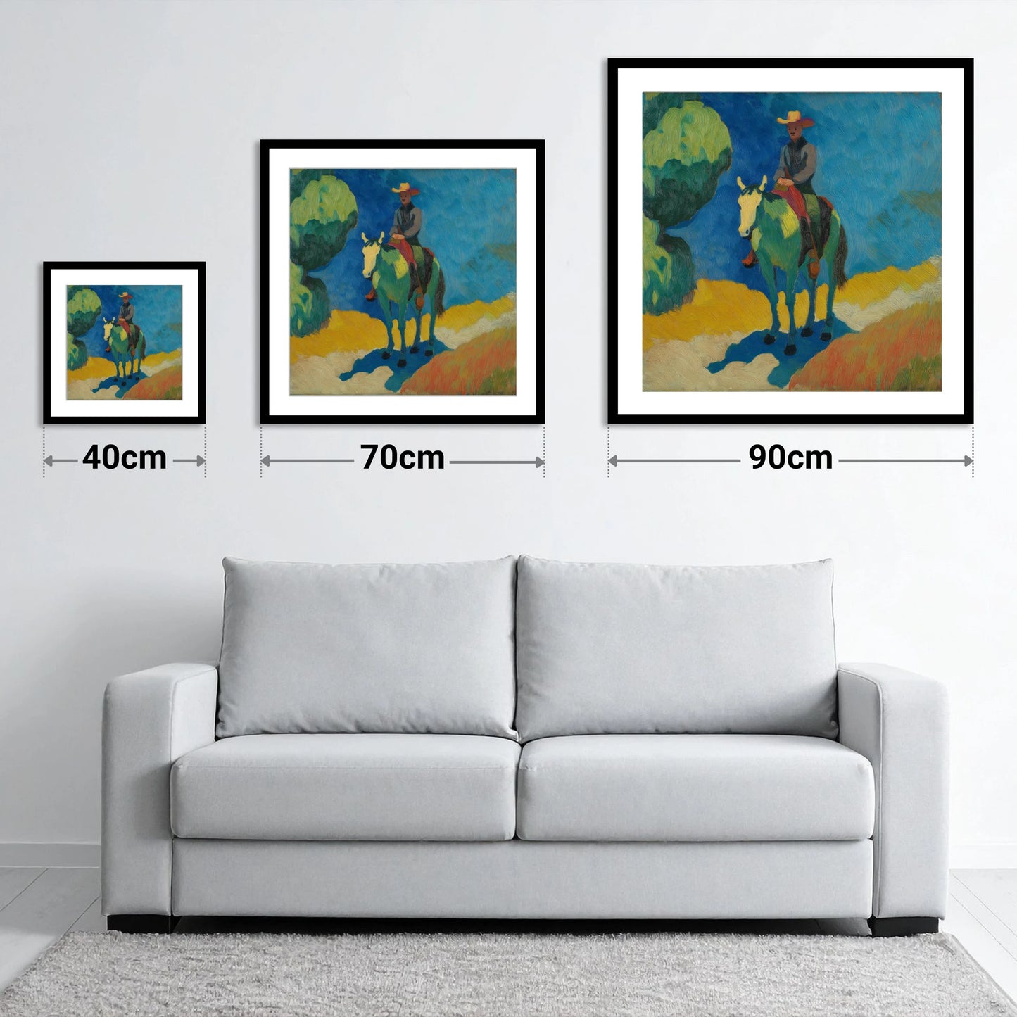 Under a Cobalt Sky - size guide showing 40cm, 70cm and 90cm art prints