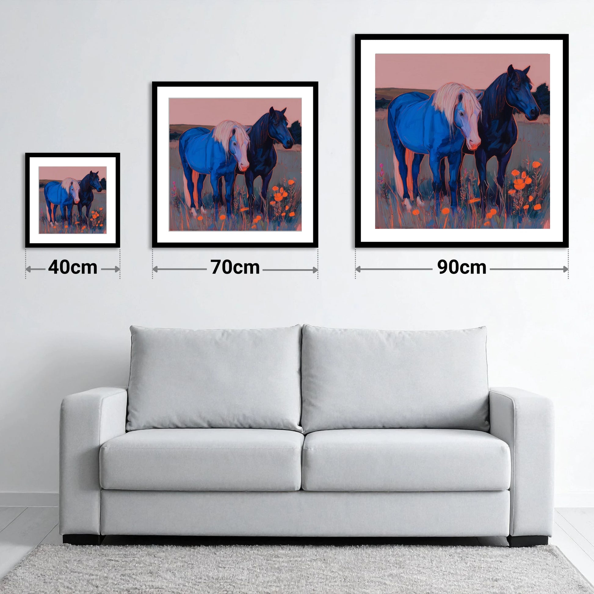 Cobalt Pastures - size guide showing 40cm, 70cm and 90cm art prints