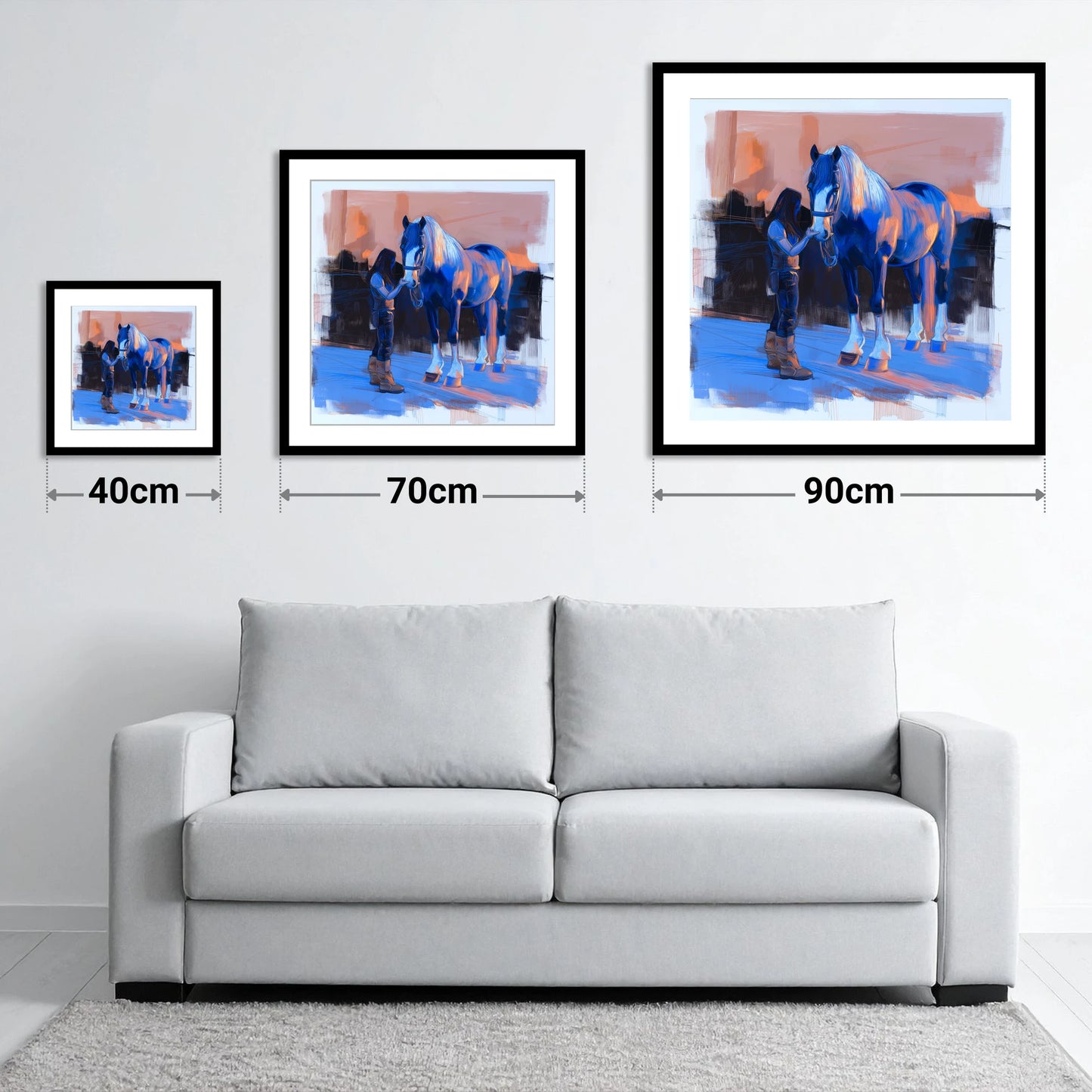 The Gentle Bond - size guide showing 40cm, 70cm and 90cm art prints