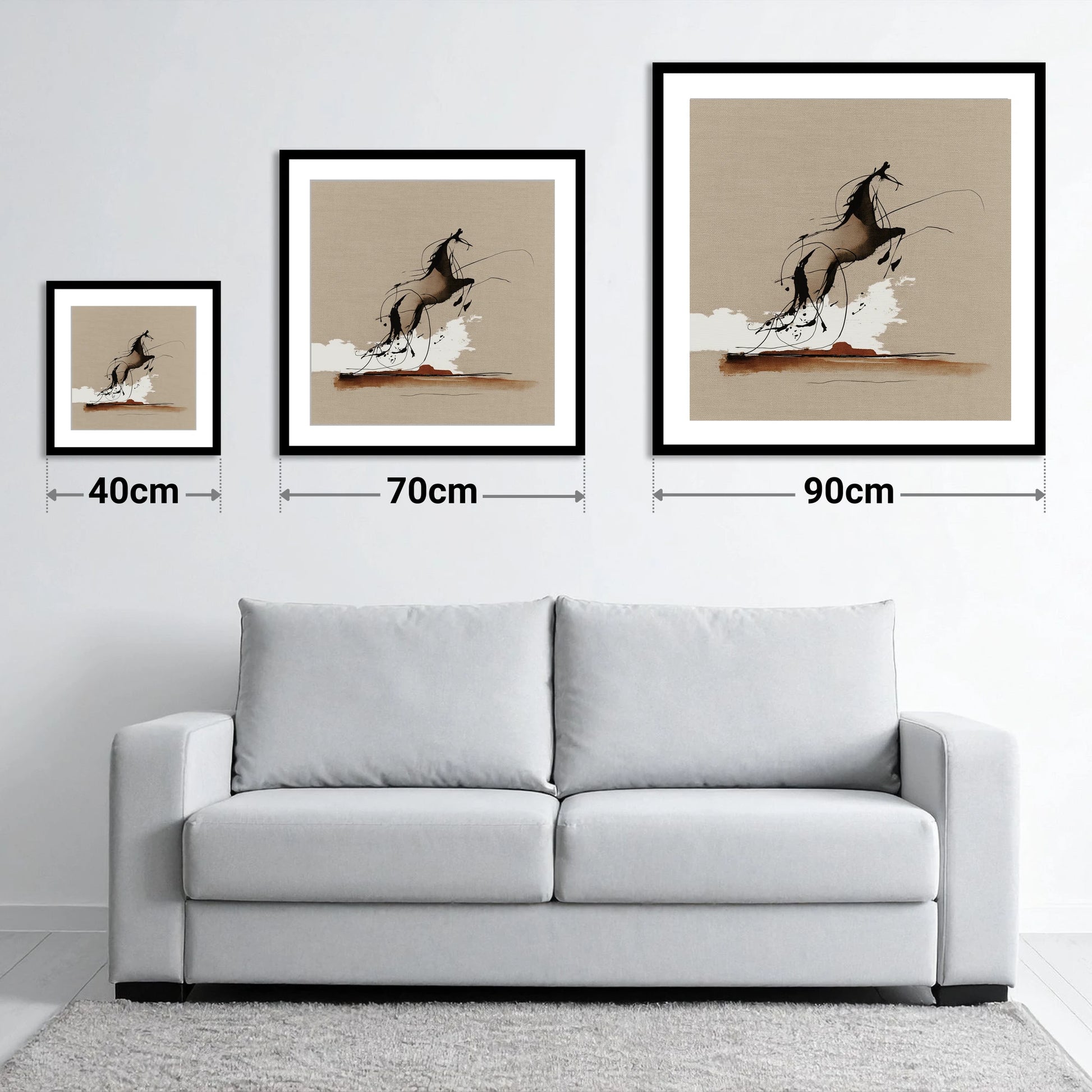 Rearing Wild Spirit - size guide showing 40cm, 70cm and 90cm art prints
