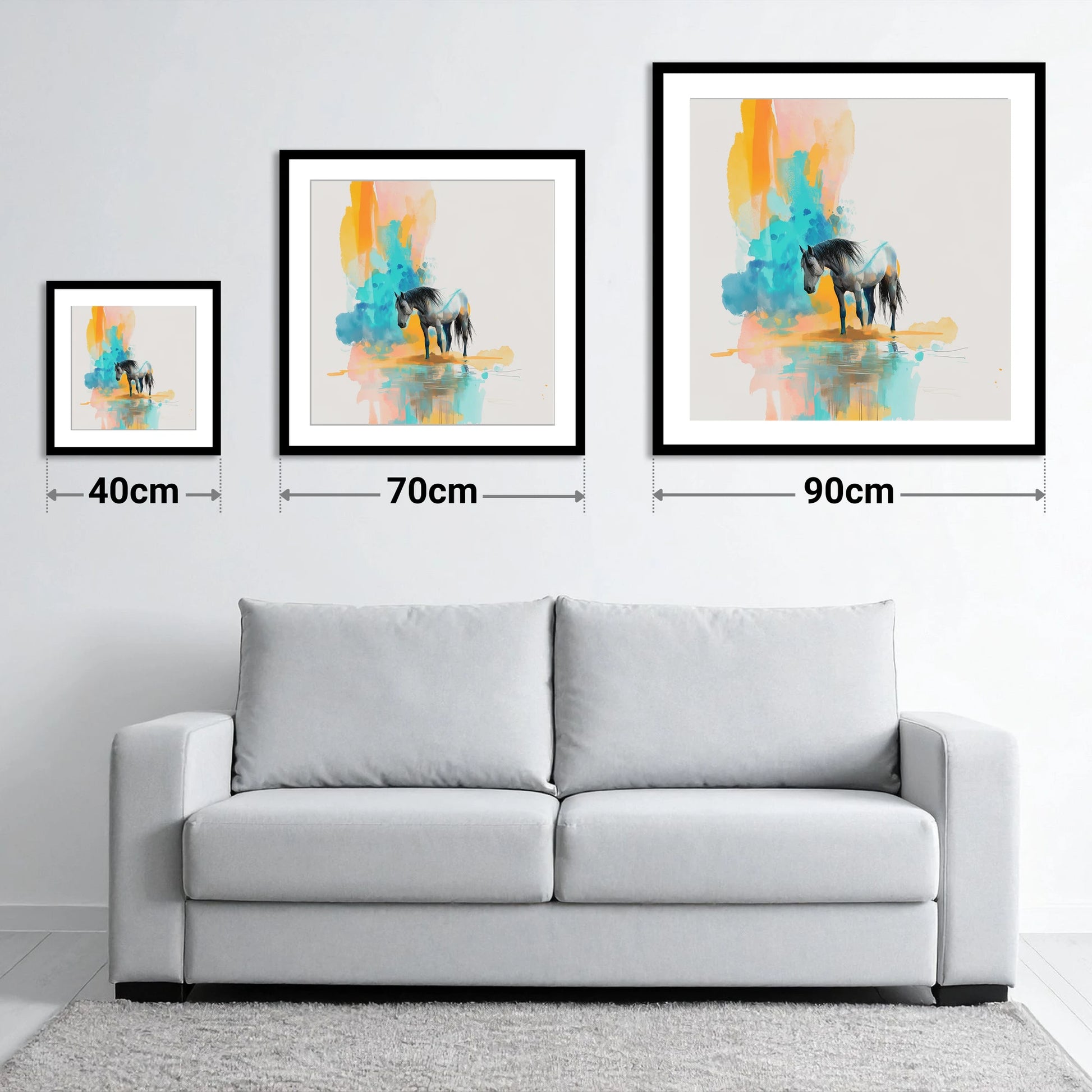 Vibrant Grey Reflection - size guide showing 40cm, 70cm and 90cm art prints