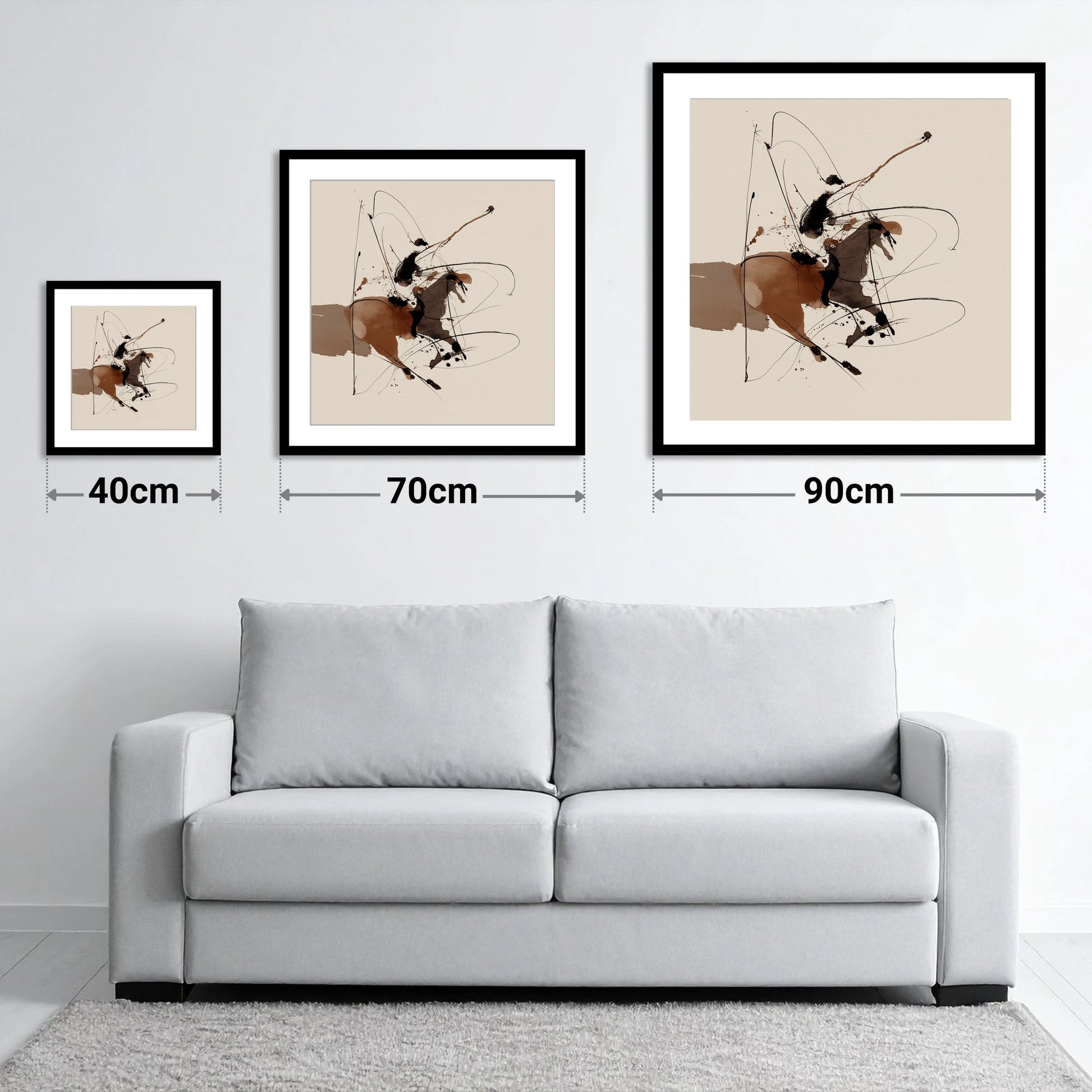 Untamed Ink Equine - size guide showing 40cm, 70cm and 90cm art prints