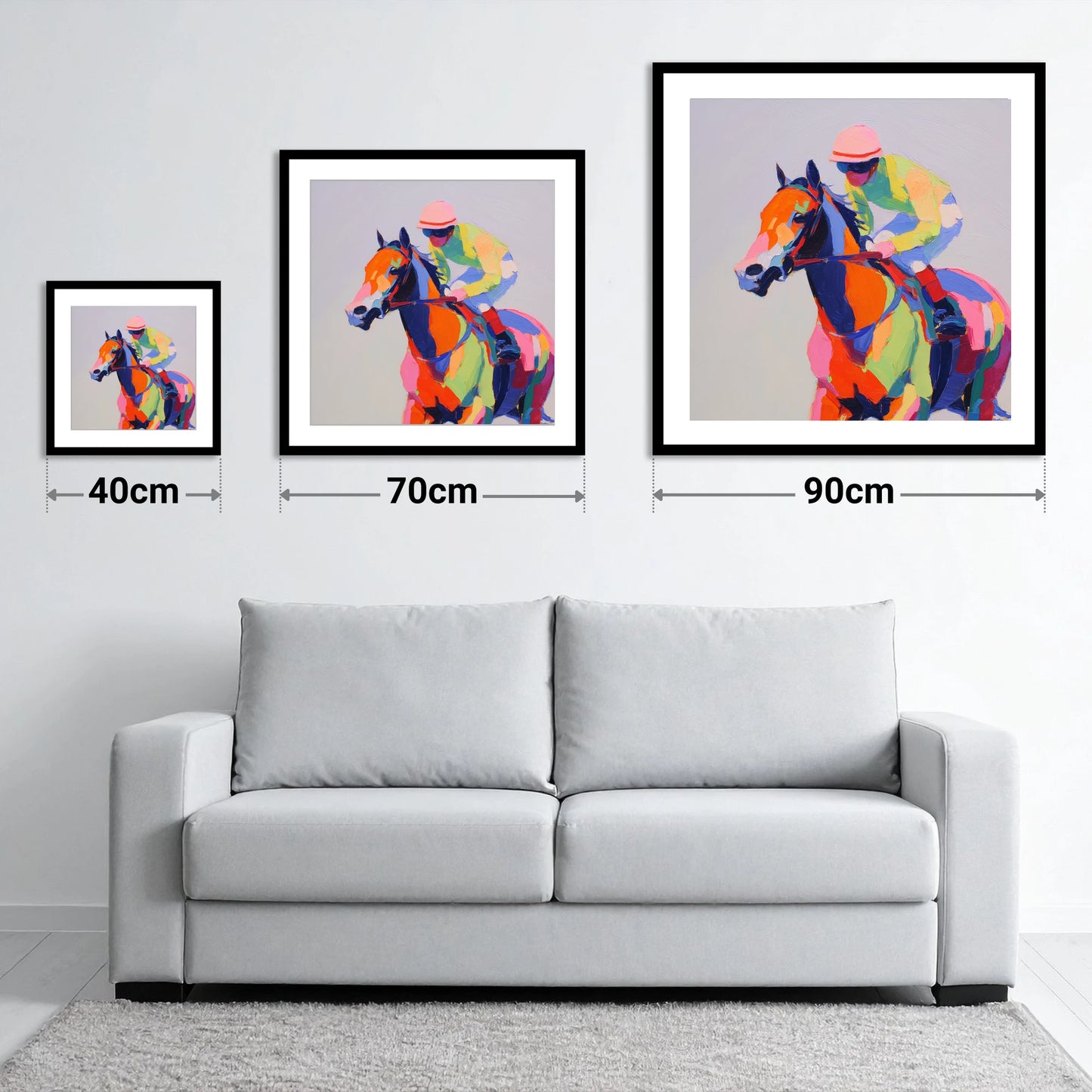 Technicolour Gallop - size guide showing 40cm, 70cm and 90cm art prints