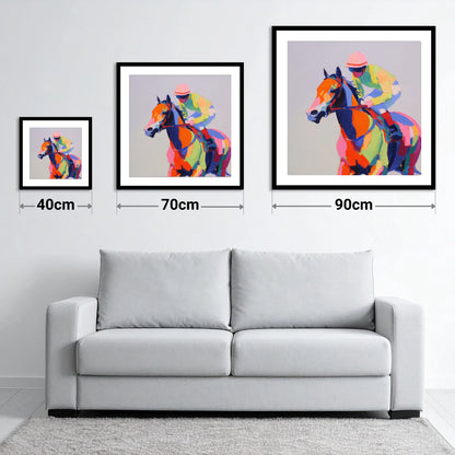Technicolour Gallop - size guide showing 40cm, 70cm and 90cm art prints