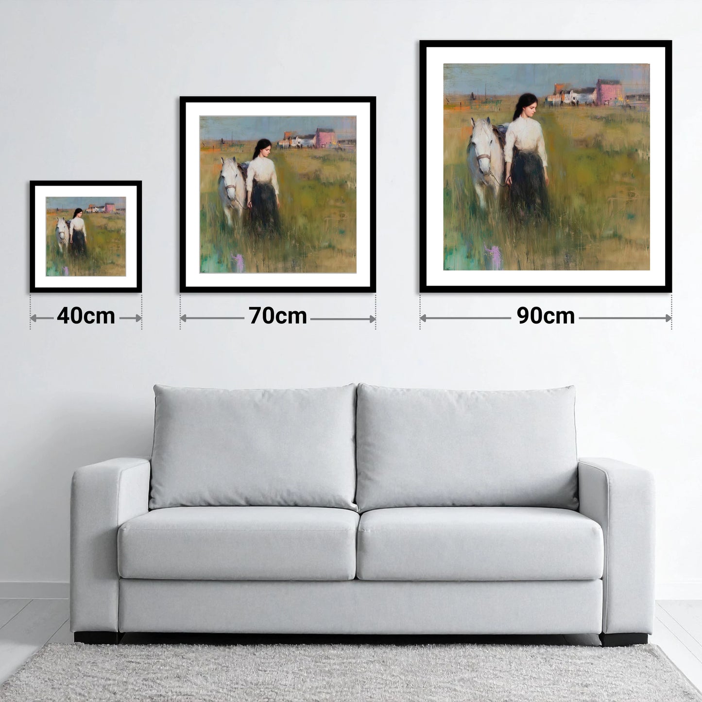 A Quiet Bond - size guide showing 40cm, 70cm and 90cm art prints
