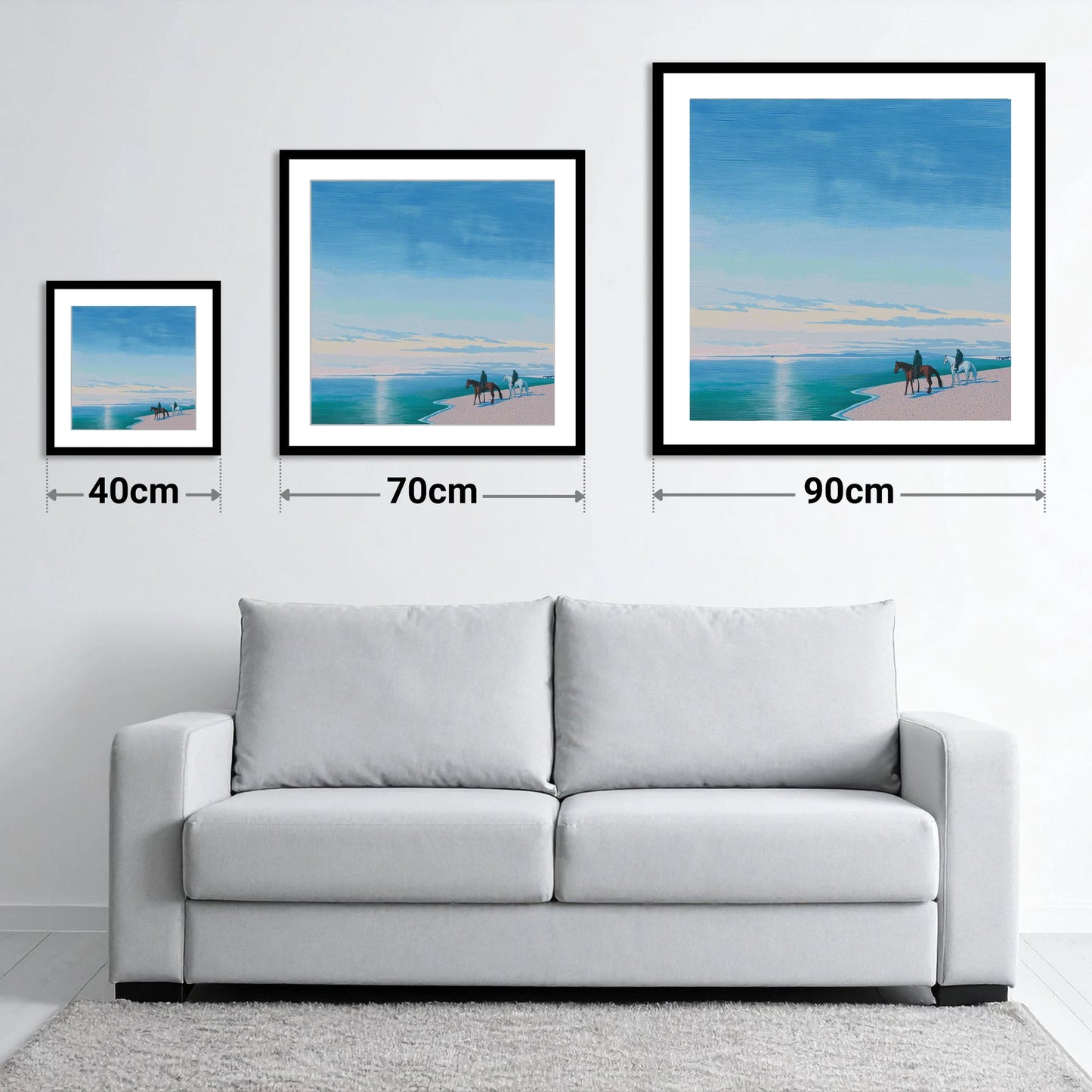 Horizon Bound - size guide showing 40cm, 70cm and 90cm art prints