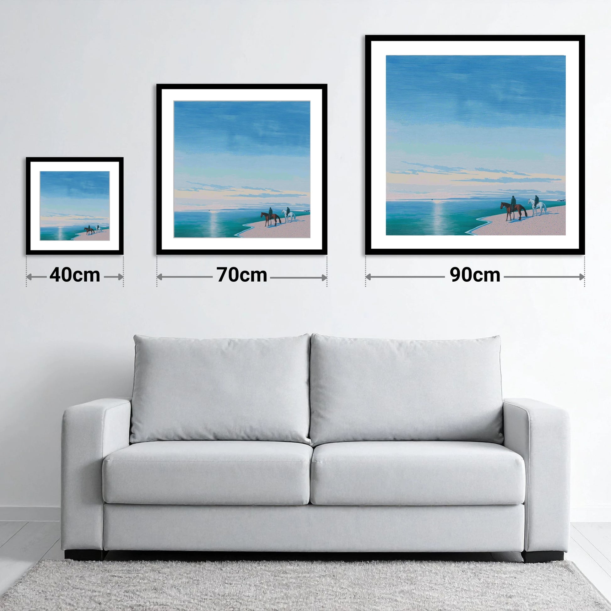 Horizon Bound - size guide showing 40cm, 70cm and 90cm art prints