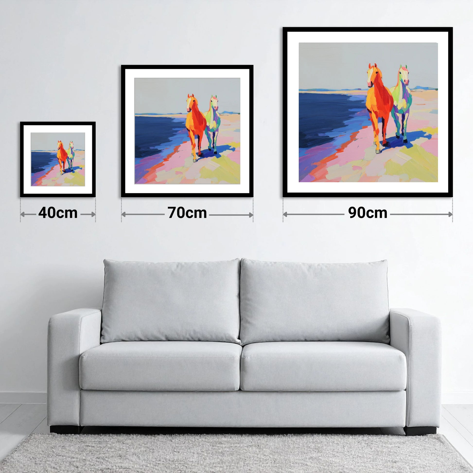 Vibrant Coastal Companions - size guide showing 40cm, 70cm and 90cm art prints