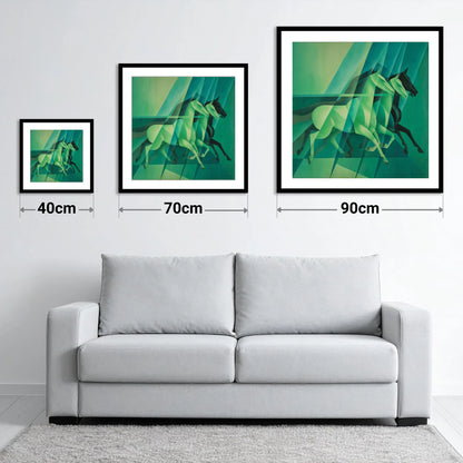 Emerald Rhythm - size guide showing 40cm, 70cm and 90cm art prints