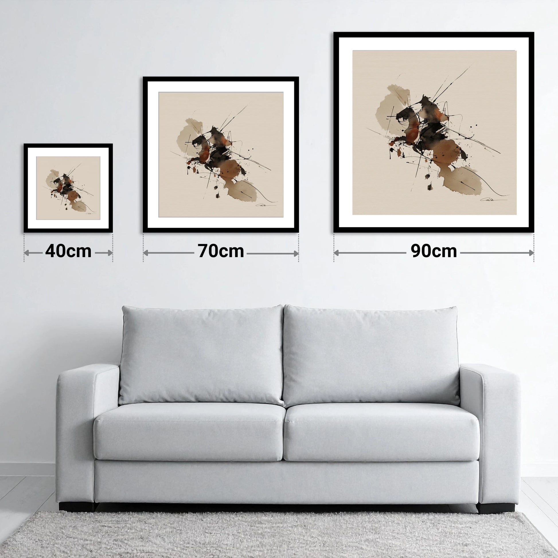 Raw Equine Spirit - size guide showing 40cm, 70cm and 90cm art prints